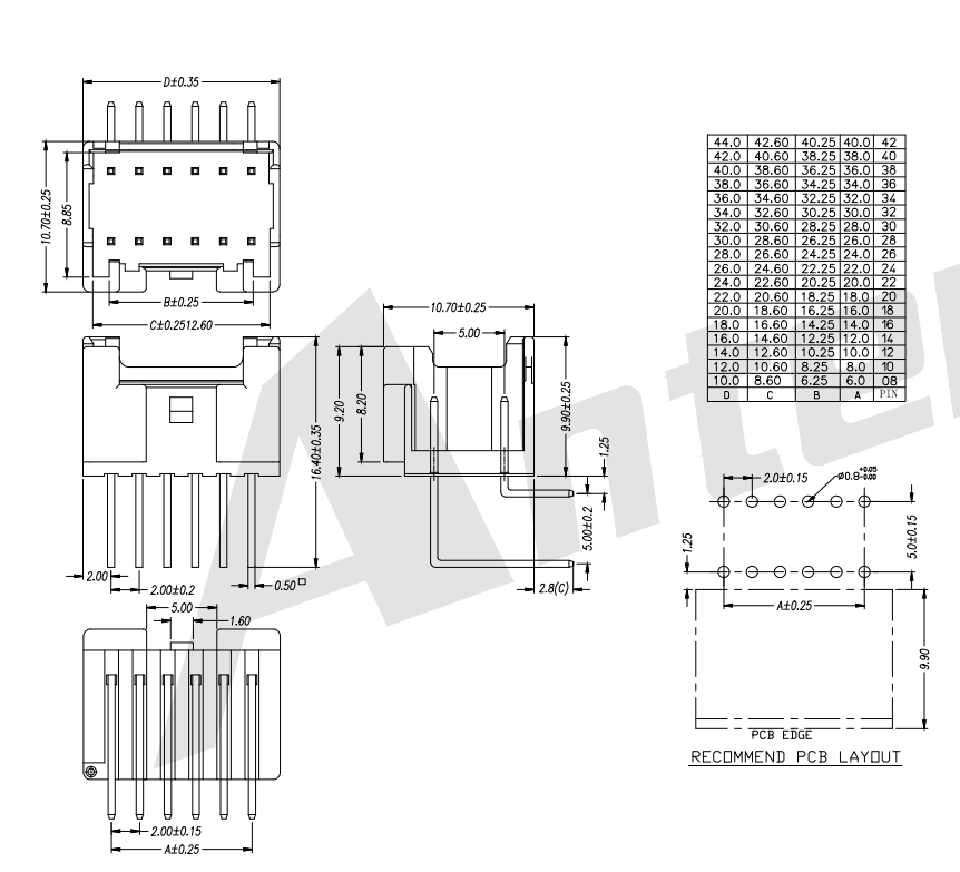 AW2015R-2XNP 2,00 mm Pitch 90 ° Seria złącza opłat