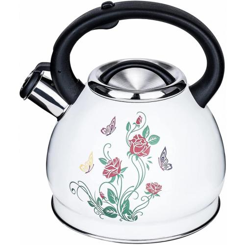 Flower Pattern Stainless Steel Whistling Tea Kettle White