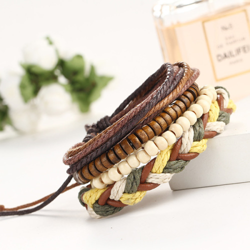 Multilayer bện da Bracelet hạt gỗ xâu vòng tay tình bạn