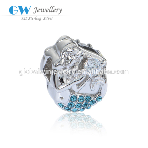 Romantic Silver Charm Mermaid With Blue Rhinestone Bead Charm Jewelry Charm