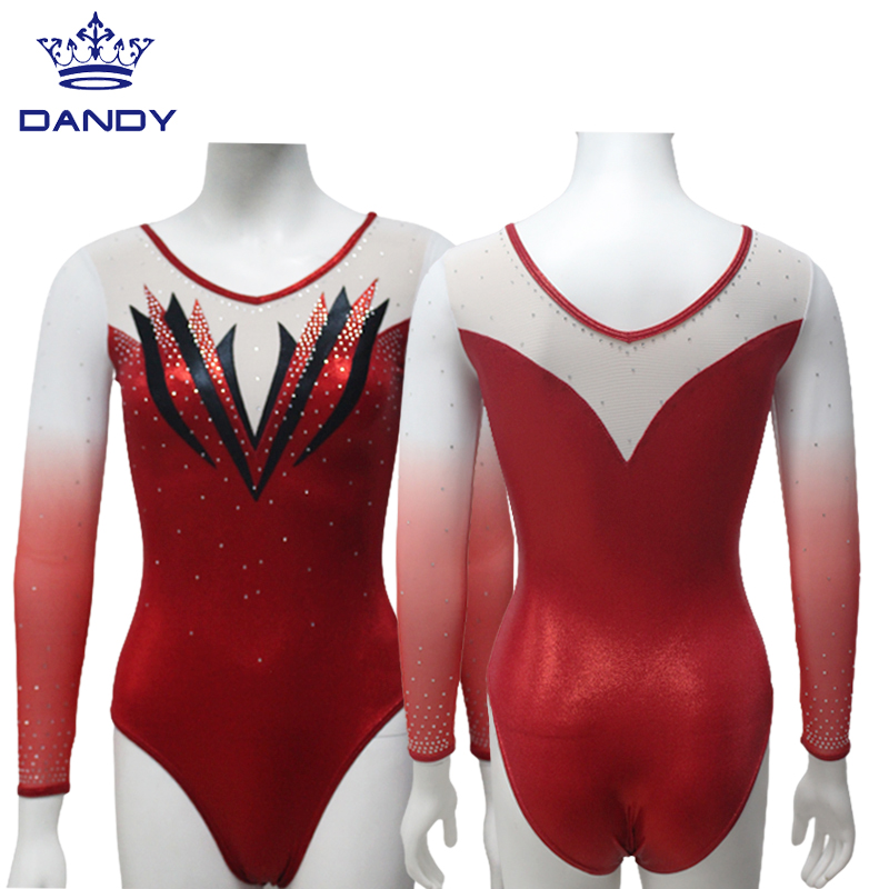 Vlastná značka červená vysoko kvalitná dievčatá Gymnast oblečenie Gymnastické trikoty