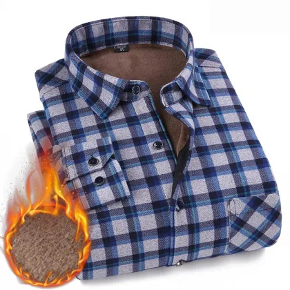 Mens Long-sleeved Warm Plus Cashmere Plaid Shirt