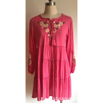 Women Viscose Wrinkled Dress with Embroidery