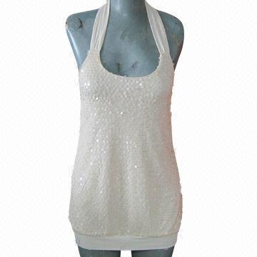 Ladies' high-quality sequins knitted top, customized clothing/sequin-pattern designs are accepted