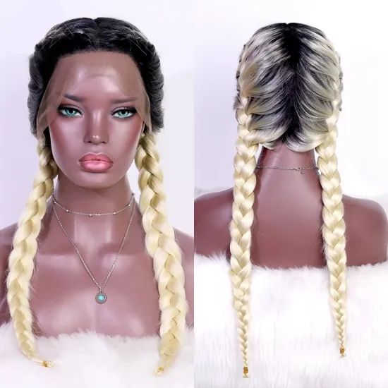 Long Double Braids  Twist Ombre color Synthetic Braided Lace Front Wig with Baby Hair synthetic hair wig with lace front