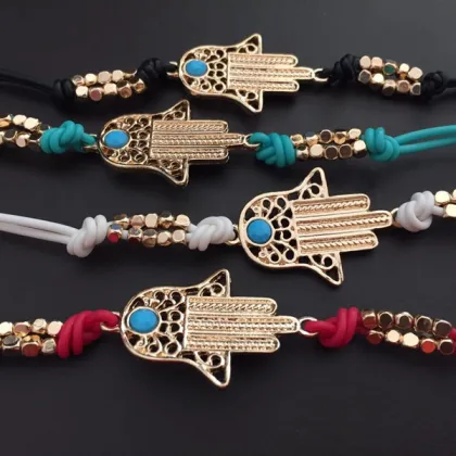 Gold Hamsa Evil Eye Diamond Necklace With Turquoise Beads