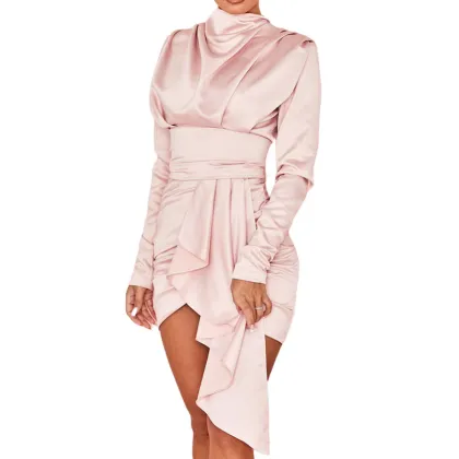 Stand Collar Sashes Long Sleeve Pleated Dress