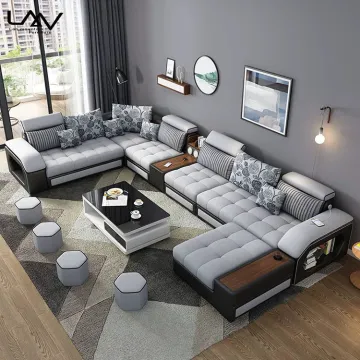 Modern U-Shaped Fabric Sofa Set with USB Speakers - 7 Seater Luxury Corner Sofa