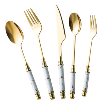 Manufacturer Low Price Stainless Steel Cutlery Set with White Ceramic Handle - Fork and Spoon Gold Kitchen Cutlery Set for Wedding