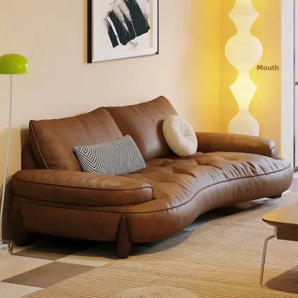 Classic Revival Antiquity Round Reclining Sofa Set with Genuine Leather and Wood Legs