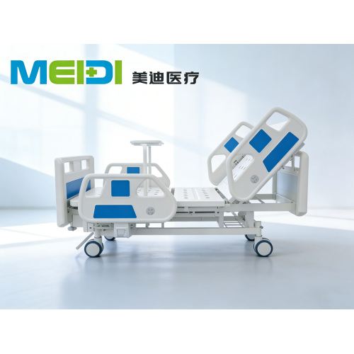 Punched Double Crank Hospital Bed with Four Small Side Rails & Flip-over Dining Table