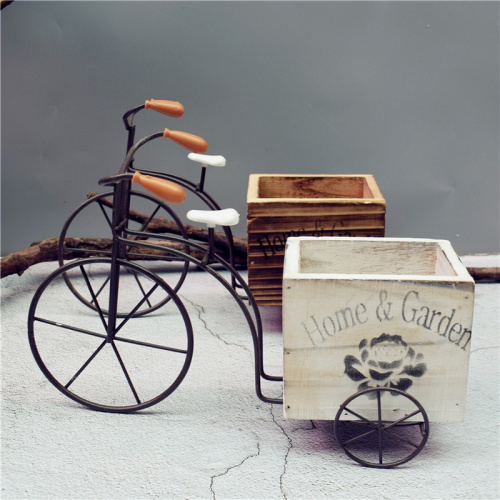 European style creative personality large wrought iron wooden tricycle flower pot simple wooden desktop small flower LB100715