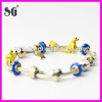 Russia Style Sterling 925 Silver Enamel & Rhodium Charm Bracelets With Gold Dog Animal