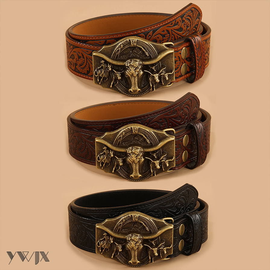 Vintage Style Bullhead Embossed Leather Belt for Women