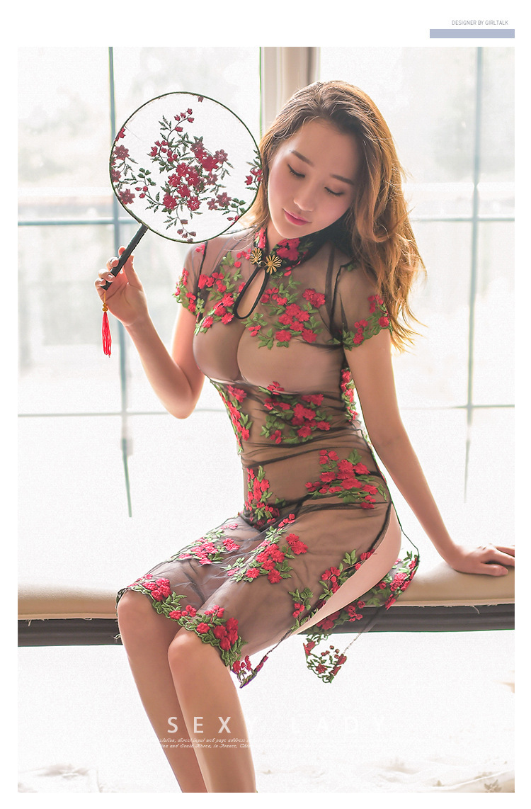 Red Floral Embroidered Sheer Sexy Dress for Intimate