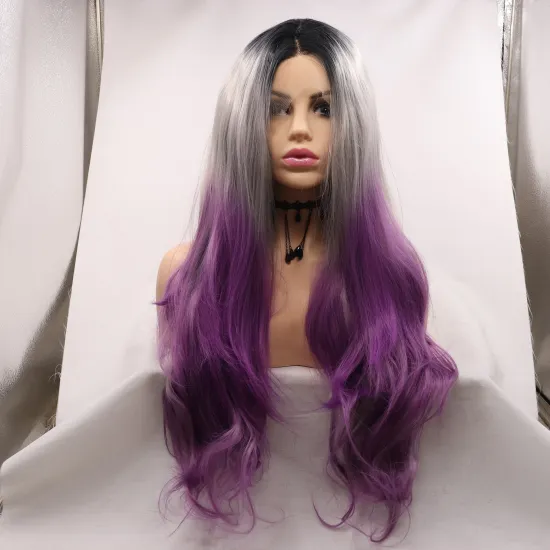 Three Tone Color 26 Inch Long Water Wavy Ombre Silver Purple Lace Front Women Curly Hair Full Wig Fibre Synthetic Cheap Price