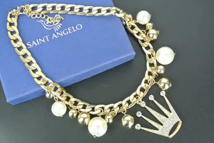 Rhinestone Crown Pearl Choker Gold Chain Necklace For Women