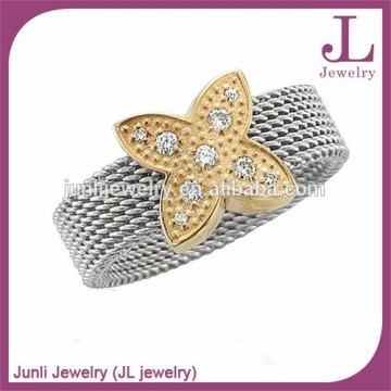 6mm Gold Clover CZ Silver Stainless Steel Mens Womens Mesh Ring