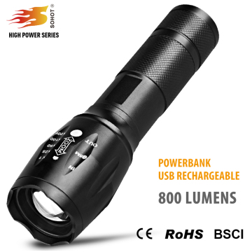 military 18650 rechargeable USB for input and output LED tactical Flashlight