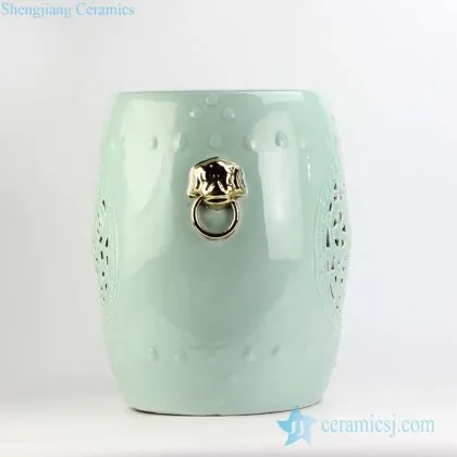 Celadon Glaze Golden Pleated Lion Ring Handle Carved Ceramic Stool