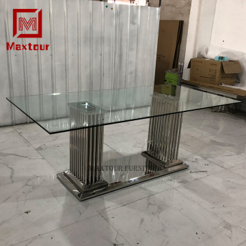 Modern Silver Stainless Steel and Glass Dining Table Set for Home Furniture