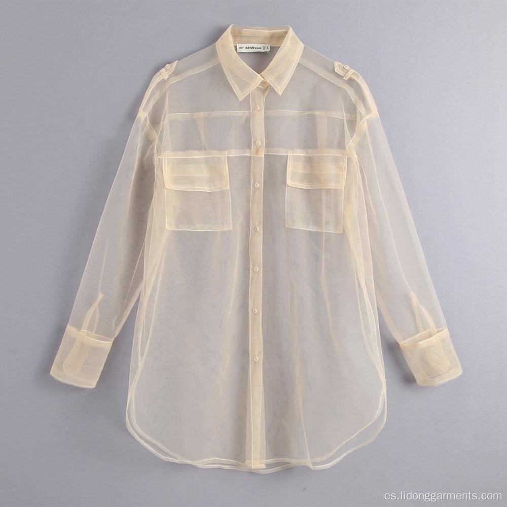 Manga larga blanca ver a través de blusas de camisa top