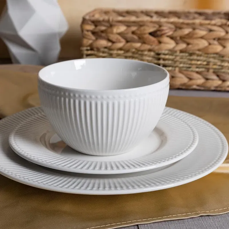 Contemporary Porcelain White Ribbed Dinner Set