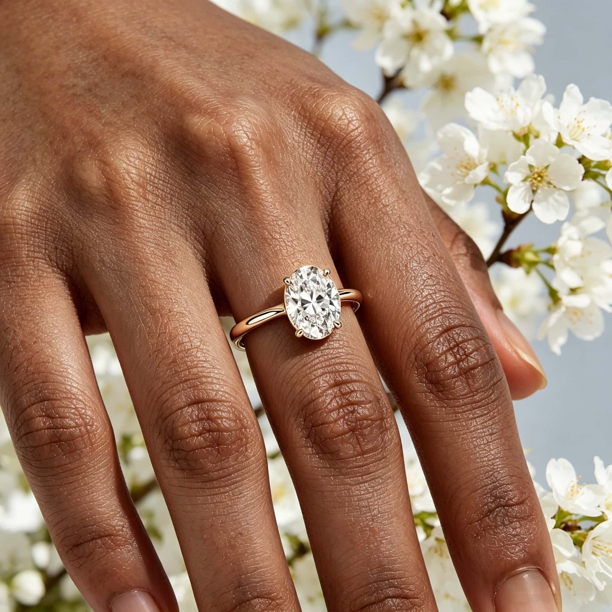 Tangan elegan memodelkan cincin pertunangan bunga berlian bulat emas 18K yang ditanam di laboratorium di samping bunga mekar putih segar