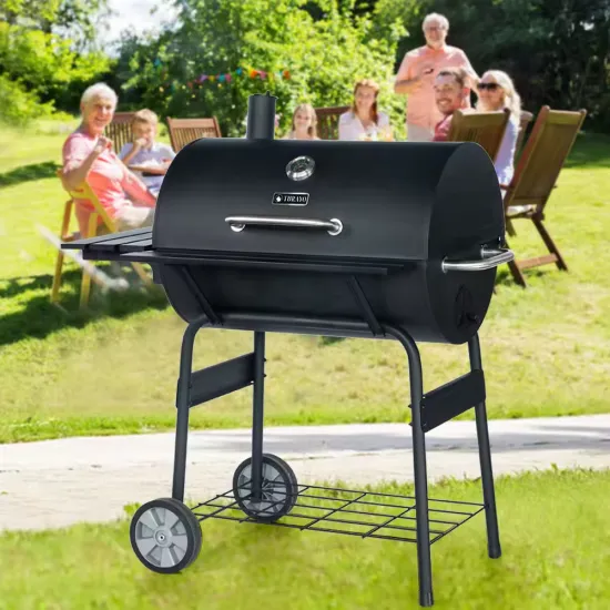 6-10 People  Outdoor Camping Charcoal Portable Grills Adjustable Barrel Patio Garden Outdoor Cooking Trolley BBQ Grill