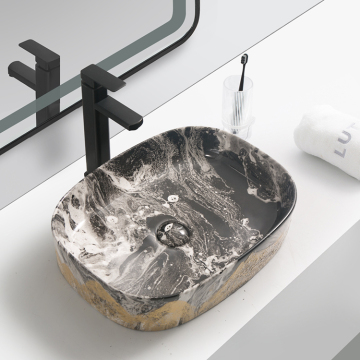 Ceramic Marble Bathroom Sink with Water Transfer Curved Pattern Surface