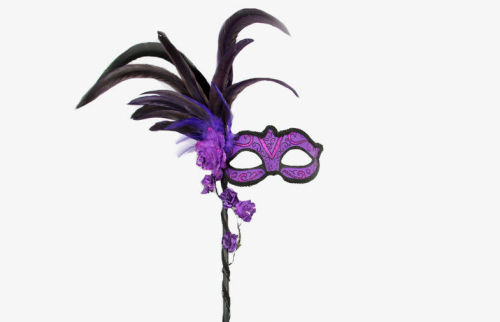 22" Stick Mardi Gras Purple Masquerade Masks Flowers Decorated With Feather