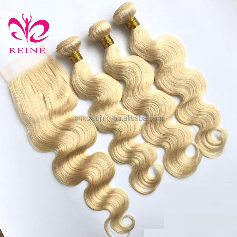 REINE 613 Blonde Human Hair Bundles With Lace Closure,Russian Virgin Blonde Hair Extension