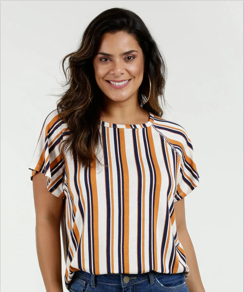 blusa feminina de renda no ombro com listra