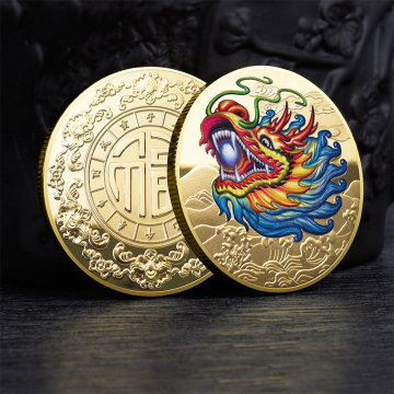 China Dragon Lucky Craft: 3D Colored Gold & Silver Plated Coin - In Stock