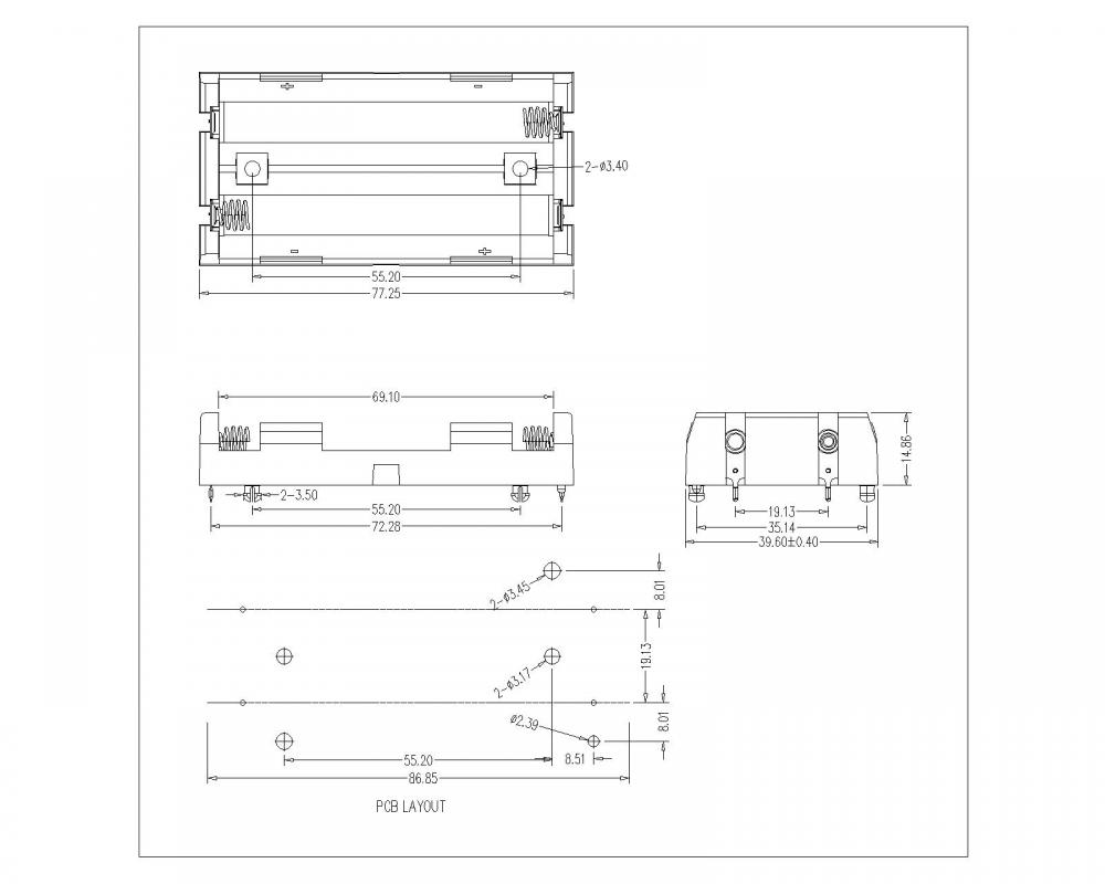 BBC-S-SN-A-18650-135 Dubbele batterijhouder voor 18650 THM