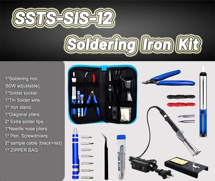 SSTS-SIS-12 60W Adjustable Temperature 12-in-1 Soldering Iron Set & Welding Tools Kit
