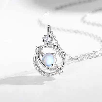 New 925 Sterling Silver Moonstone Planet Clavicle Chain Diamond Necklace - All-Match Women's Jewelry