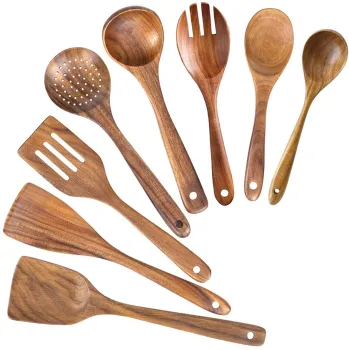 Complete 9-Piece Wood Kitchen Utensil Set: Natural Teak Wooden Spoons and Tools with Convenient Holder for Cooking