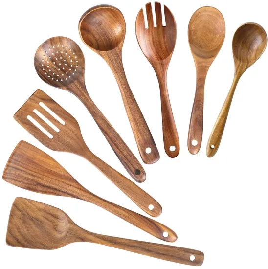 Complete 9-Piece Wood Kitchen Utensil Set: Natural Teak Wooden Spoons and Tools with Convenient Holder for Cooking