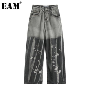 [EAM] High Waist Gray Printed Gradual Color Long Denim Trousers New Loose Fit Pants Women Fashion Tide Spring Summer 2021 1X736