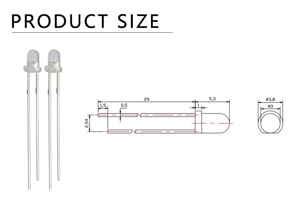 size of 3mm red through-hole LED