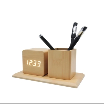 Creative LED Smart Alarm Clock with Wood Pen Holder and Logo Printing