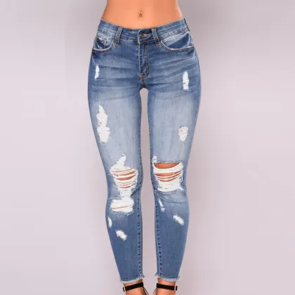 Women's Ripped Skinny High Waist Trousers - Spring Autumn Casual Denim Jeans
