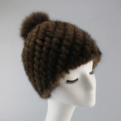 knitted winter hat women beanie hat with fur pom poms mink fur hat