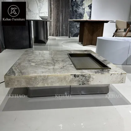 Il Italian Luxury Square Marble Coffee Table with Translucent Onyx and Backlit Patagonia Marble