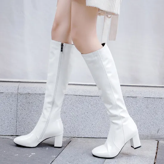 Autumn Women Boots Fashion Patent Leather Knee High Boots Cozy Square High Heel Long Boots Zipper Winter Plus Female Boots Shoes