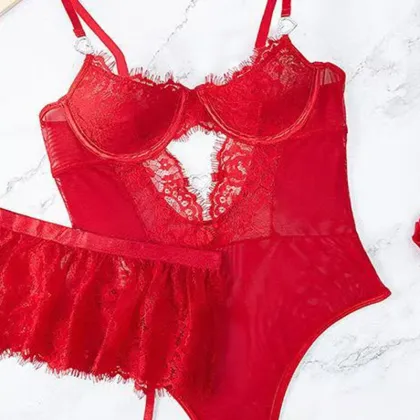 Womens Sexy Underwear Red Lace Lingerie Set