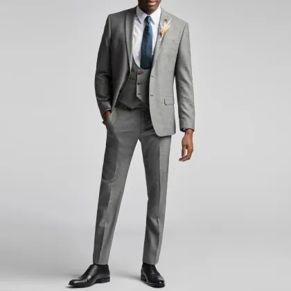 Gray Slim Textured Wool 3 Piece Suit for Men - Formal Wedding Groom Business attire