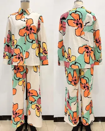 Flower Print Set Long Sleeve Blouse and Pants