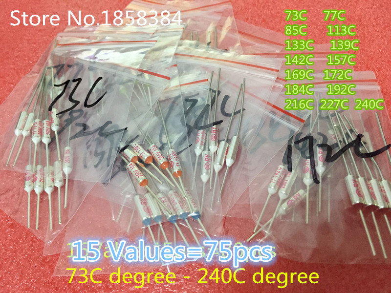 15 Values=75pcs assortment kit Thermal Fuse 10A 250V Thermal Cutoffs 73C degree - 240C degree Temperature fuse